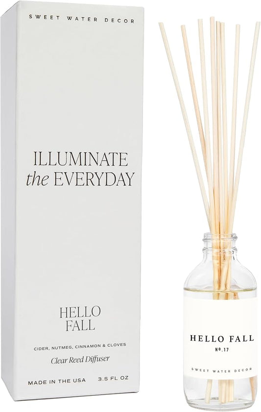 Sweet Water Decor Hello Fall Reed Diffuser Set - Hot Cider, Cinnamon, Cloves, Apple, and Nutmeg Scented Diffuser - Scent Diffusers for Home, Long Lasting Fragrance, Made in the USA