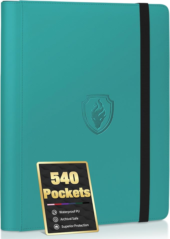 Premium 9 Pocket Card Binder for 540 Cards, Fabmaker PU Cover Trading Card Binder, Sturdy Card Collection Album, Sleek Card Holder Folders for Game Cards & Sports Cards, Turquoise