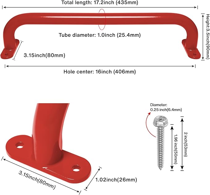 17 Inch 6 Pieces Red Metal Safety Handles for Outdoor Playground Accessories - Playset Handles, Swing Sets Attachment Grab Bars, Kids Hand Grips Monkey Bar for Playhouse, Treehouse, Jungle Gym