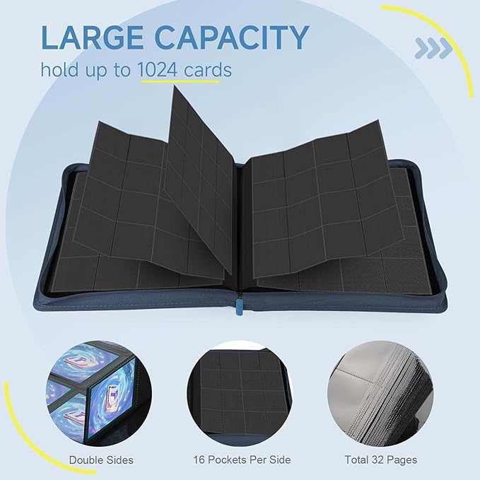 Card Binder with 1024 Cards,16 Pocket Trading Card Binder Includes 32 Page Storage Sleeves,Collection Card Album,Card Holder to Organize and Protect Cards,Navy Blue
