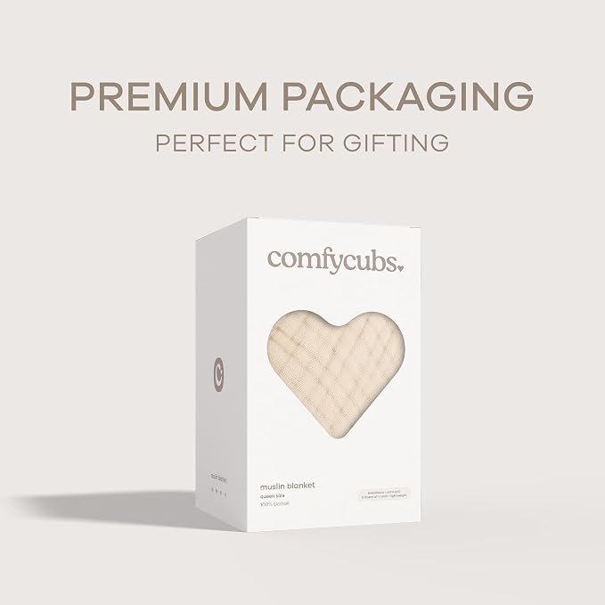 Comfy Cubs Adult Muslin Blanket 90x90” Queen Swaddle Blankets, Sand | 6 Layer Soft, Breathable & Lightweight Muslin Adult Blanket - Machine Washable & Designed in the US Bedding for All Seasons