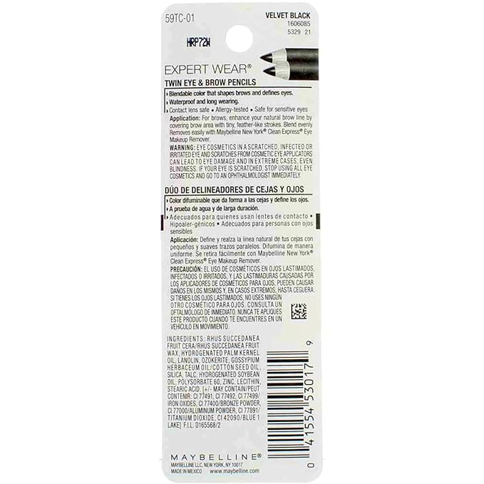 Maybelline New York Expert Wear Twin Brow and Eye Pencils, 101 Velvet Black, 0.03 Ounce (Pack of 6)