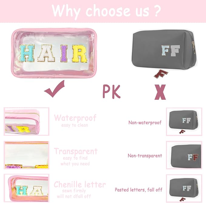 Bunliuys Chenille Letter Clear Makeup Bag Face Patch, Travel Toiletry Makeup Bag with Handle, Nylon Waterproof Makeup Bags clear cosmetic bag, preppy patch makeup bag for Women (FACE-Pink)