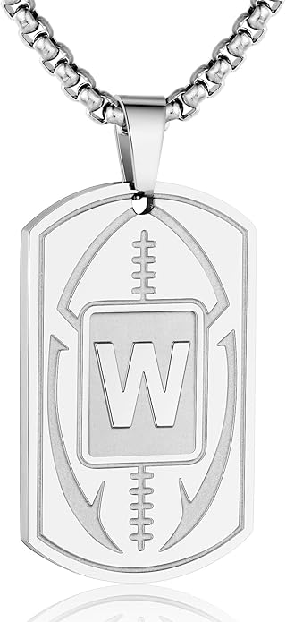 Initial A-Z Dog Tag Necklace for Men - Football Charm Pendant, Stainless Steel Chain 22+2 Inches, Personalized Sports Athletes Jewelry Gift