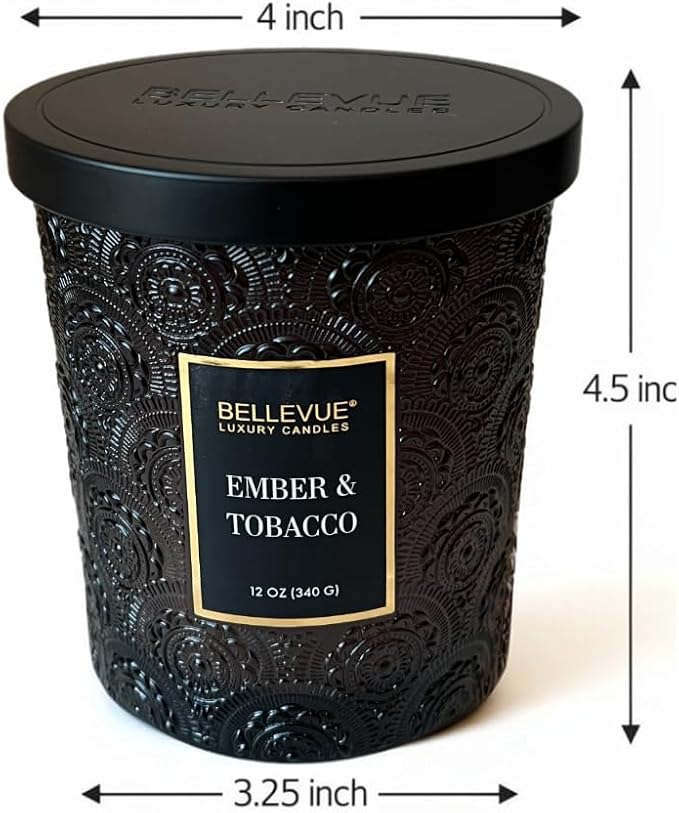 Bellevue Luxury Candles, 12 OZ Soy Blend Candle, Embossed Glass, Fragrances formulated with Essential Oils, Home Fragrances, Scented Candles Gift Set ǀ Scent: Ember & Tobacco