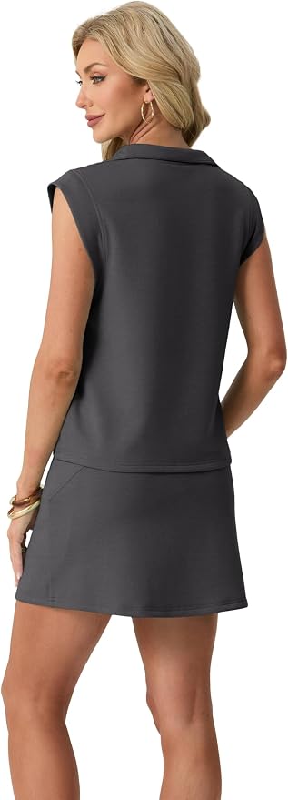 GRECERELLE Women's 2026 Summer 2 Piece Skort Sets Cap Sleeve Zip Collared Top Matching Tennis Skirt with Pockets for Athletic