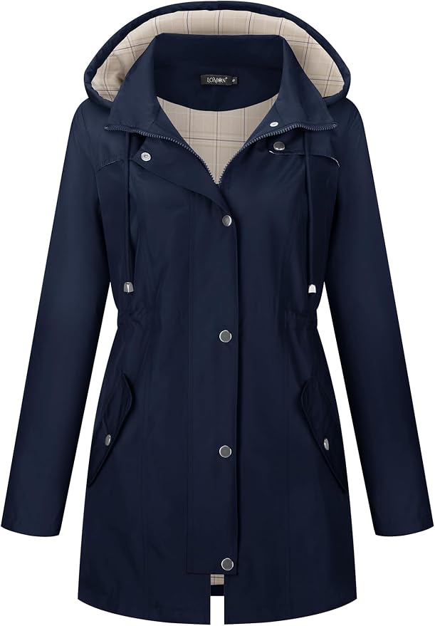 LOMON Women Waterproof Outdoor Hiking Raincoat Women Lined Rain Jacket Lightweight Hooded Jackets Trench Coats