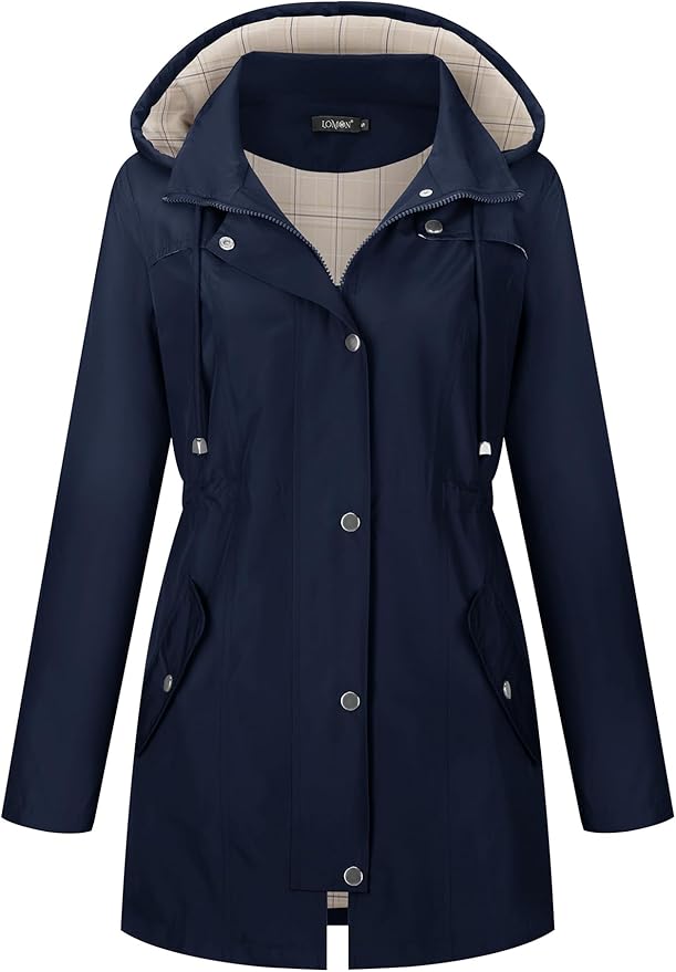 LOMON Women Waterproof Outdoor Hiking Raincoat Women Lined Rain Jacket Lightweight Hooded Jackets Trench Coats