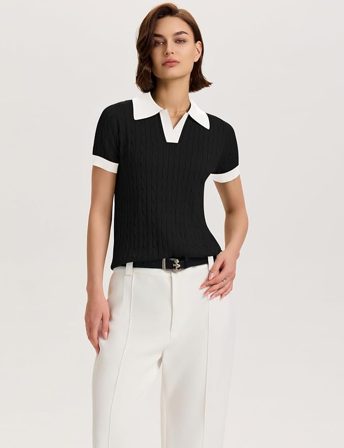 Micoson Womens Short Sleeve Sweater Tops Lapel V Neck Polo Shirts 2026 | Summer Cable Knit Loose Blouses, Business Casual Outfits