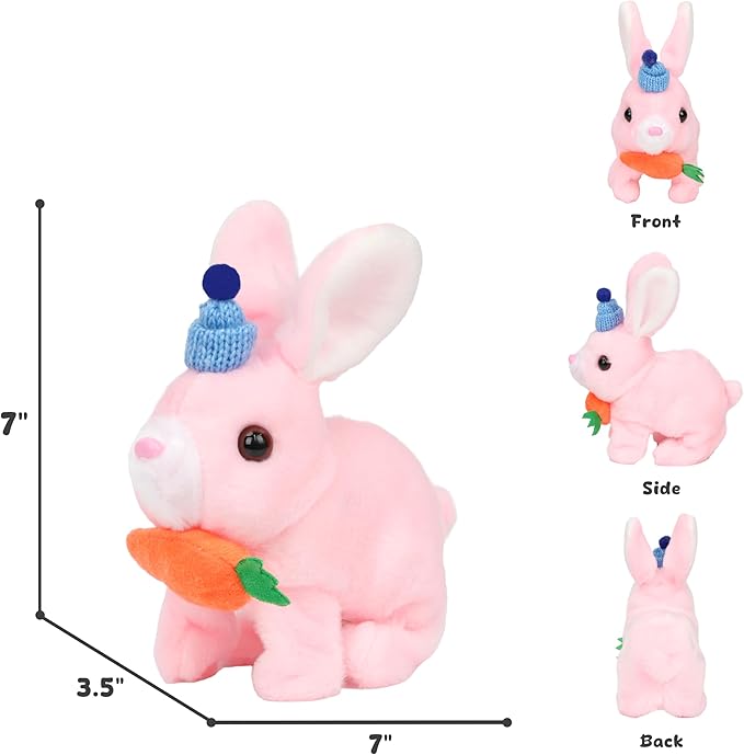 Easfan Hopping Bunny Plush Jumping Spotted Pink Rabbit with Hat Ears Nose Moving Educational Plush Toy Interactive Toy Electric for Toddlers Kids,7"