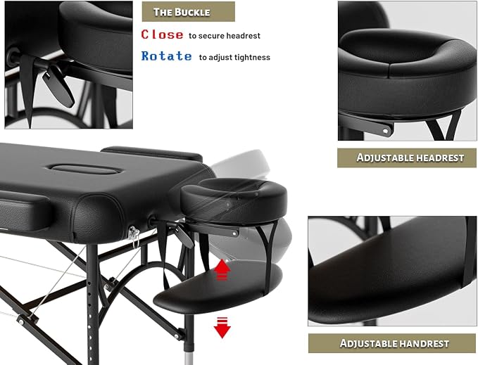 Professional Massage Table Portable 3 Fold Premium Memory Foam Aluminium Leg Hold Up to 1100LBS 8 Heights Adjustable with Carrying Bag Black