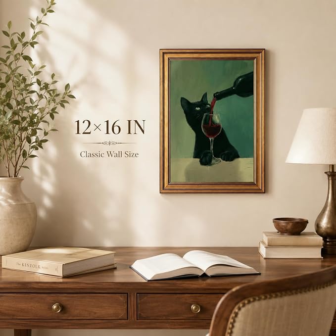 Framed Black Cat Canvas Wall Art,Funny Animal Picture Wall Decor 16x12in | Whimsical Cat Canvas Print,Vintage Cottagecore for Kitchen, Dining Room, Home Bar, Study or Cat Lover
