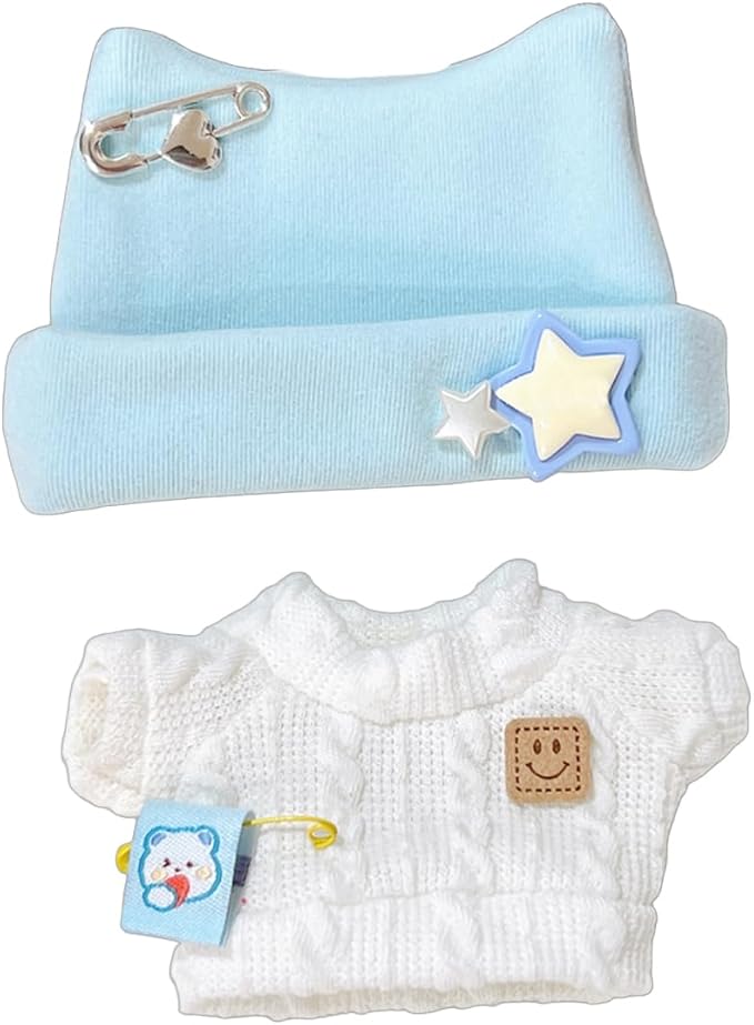 Cute Doll Clothing Set Includes Hat Sweater Doll Clothing with Star and Bear Pins Clothing for 6.7 inch Doll (White Sweater)