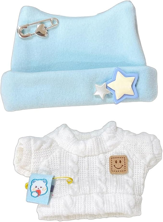 Cute Doll Clothing Set Includes Hat Sweater Doll Clothing with Star and Bear Pins Clothing for 6.7 inch Doll (White Sweater)
