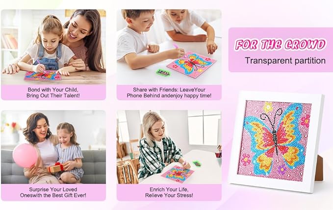 Art Kit for Kids with Frame, 7x7inch,for Diamondart and Crafts for Kids Ages 6-8-12, Easy DIY Gem Art by Number Boys for Birthday Christmas Gifts(Butterfly)