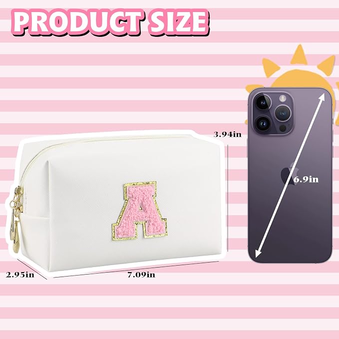 Initial Makeup Bag, Personalized Preppy Letter Monogram Cosmetic Bag | Waterproof PU Material, Compact Size, Large Capacity 7.09 x 2.95 x 3.94 in, Surprise Gift for Daughters and Teens