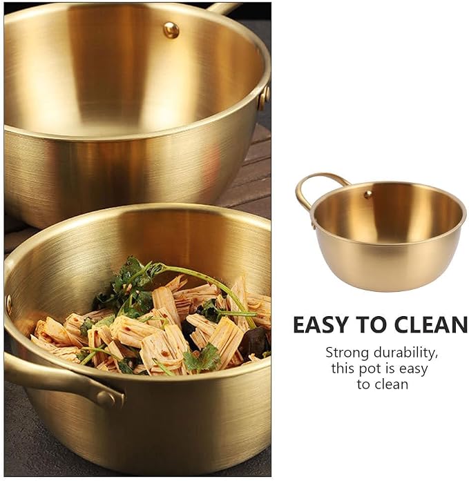 DECHOUS 1Pc Stainless Steel Instant Noodles Bowl 10 Inch Golden Korean Style Noodle Pot with Handle for Cooking Gas Induction Electric Stoves, Ideal for Soups and Ramen