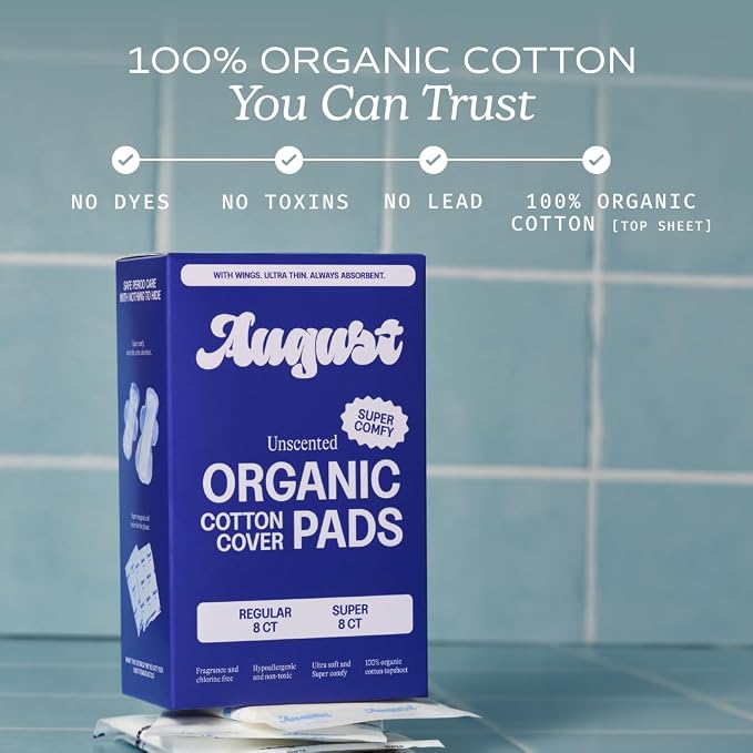 August Regular & Super Organic Pads for Women, 36 (18+18) Ultra Thin Pads with Wings, Hypoallergenic Sanitary Napkins with Organic Cotton Topsheet, Compostable Wrapper, Non-Toxic, Fragrance-Free