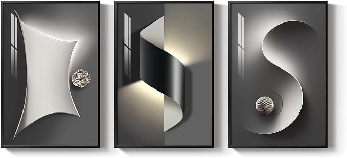 3 Piece Framed Black and White Abstract Wall Art for Living Room, Large Modern Minimalist Geometric Picture Prints Paintings, Bright Style Luxury Artwork for Bedroom Dining Room Wall Decor 20x30 Inch