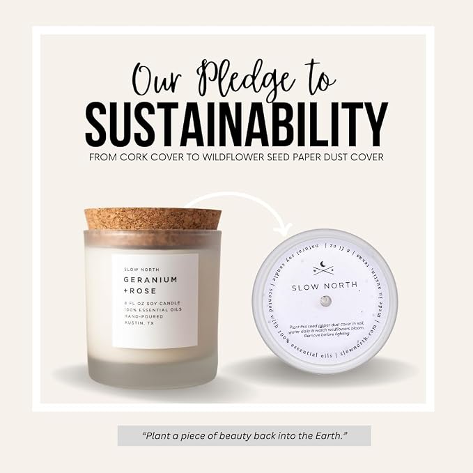 Slow North Geranium + Rose Candle - Essential Oils and Pure Soy Wax Candle in a Reusable Frosted Glass Jar - A Unique Scented Candle Hand-Poured in the USA (8 oz)