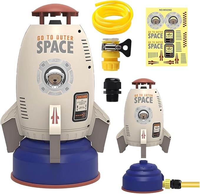 Outdoor Rocket Sprinkler Toy for Kids - Water-Powered Summer Backyard Game Fun Splash Play for Boys & Girls Ages 3+ with 5m Hose/DIY Sticker (Grey)