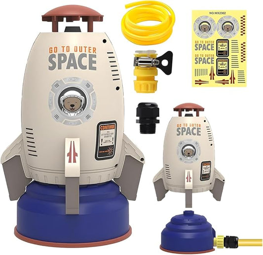 Outdoor Rocket Sprinkler Toy for Kids - Water-Powered Summer Backyard Game Fun Splash Play for Boys & Girls Ages 3+ with 5m Hose/DIY Sticker (Grey)