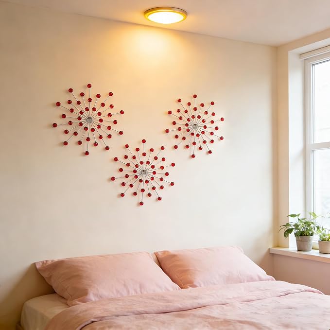 ZEXUIRU 3 Set Silver Starburst Wall Art for Home Decor Metal Bling Crystal Rhinestones Sunburst Wall Decor Sparkling Rhinestone Art Accent Silver - 13in