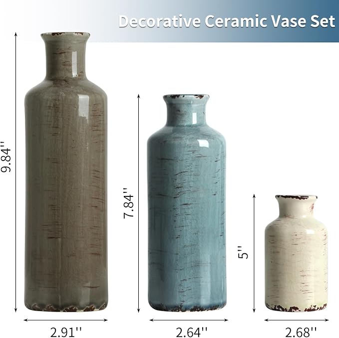 CUCUMI Ceramic Vases Set of 3, Rustic Vintage Vases Coastal Home Decor | Farmhouse Flower Vases Decor for Shelves, Ocean Beach Style, Mantle, Fireplace, Coffee Table, Shelf Decorations