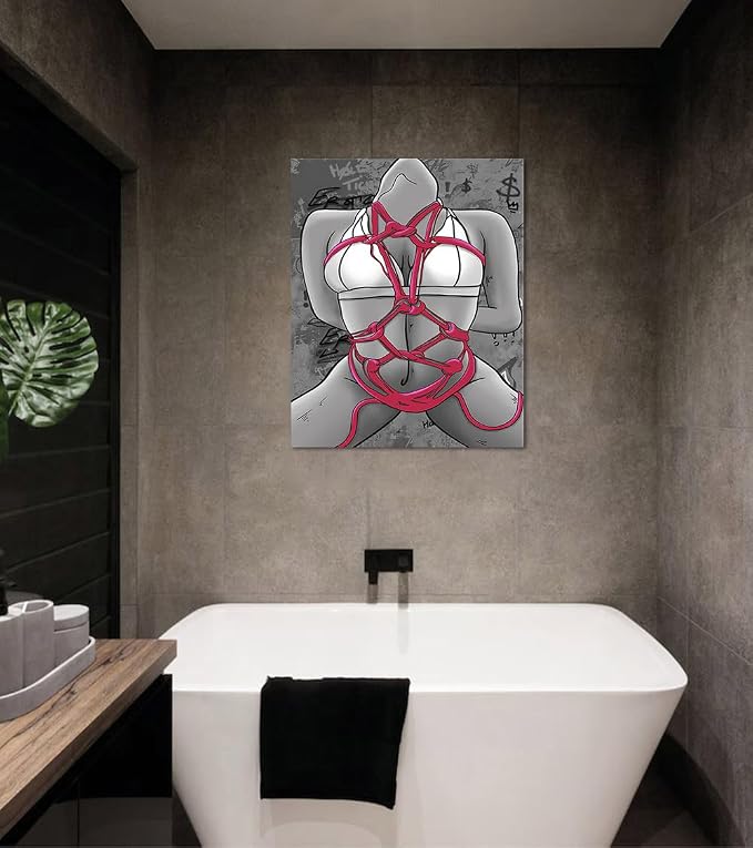 Yeesjoee Sexy Woman Nude Pink String Canvas Wall Art, Graffiti Text Body Line Art Printing with Straps Bikini Pictures, Modern Abstract Artwork Decor for Bathroom Personalized Space, 18x24 in Framed