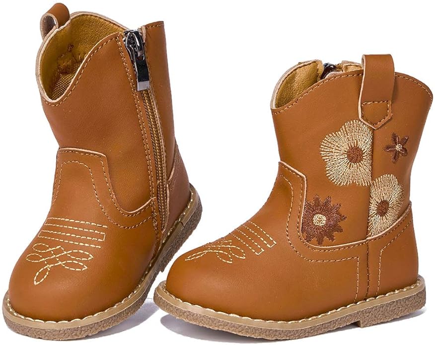 Newsonet Baby Cowboy Cowgirl Boots Infant Western Boots Toddler Boys Girls Round Toe Riding Mid Calf Boots All Seasons for 6 9 12 18 24 Months