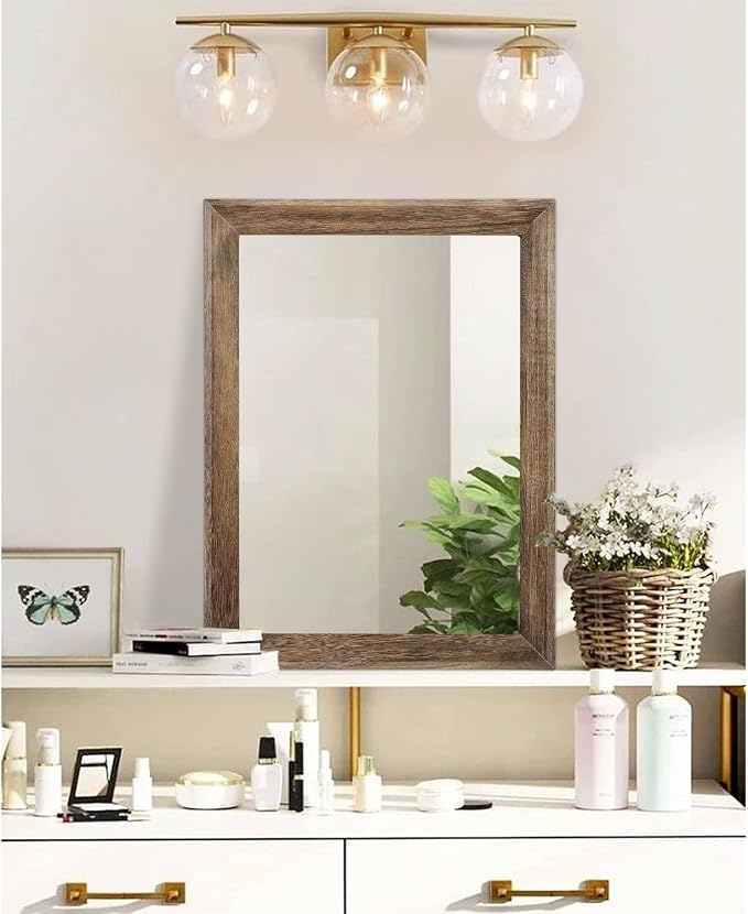 AAZZKANG Rustic Wood Mirror Rectangle Decorative Wall Mirrors with Frame Large 20"x16"for Bedroom Living Room Bathroom Entryway Hanging Brown | Decorative 20"x16" for Bedroom Living Room Bathroom Entryway Hanging Brown