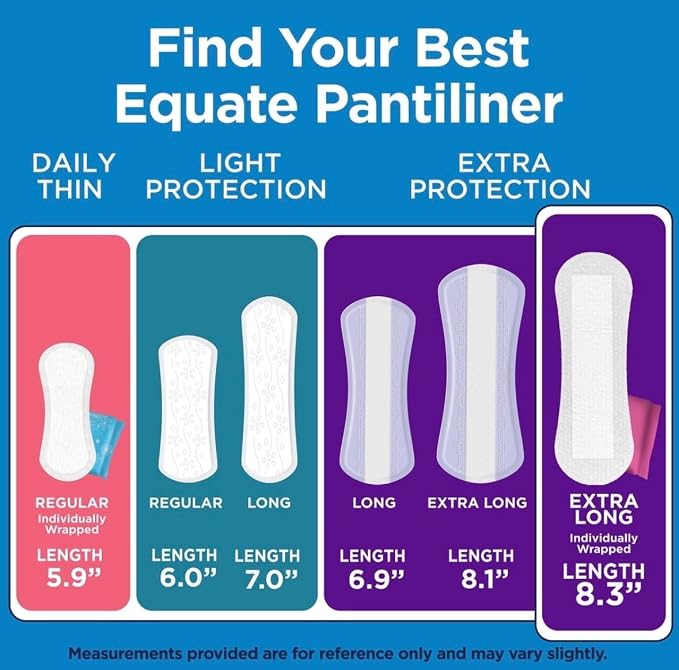 Equate Extra Protection Panty Liners, Extra Long, 93 Count | Individually Wrapped, Odor Control, 8.3" Length, Unscented, Active Coverage Adhesive