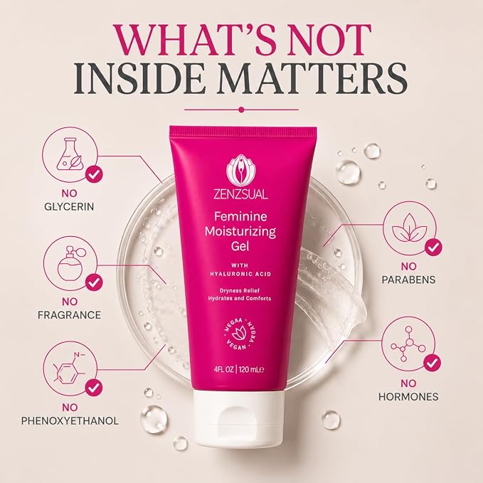 ZENZSUAL Feminine Moisturizing Gel - with Hyaluronic Acid, Water Based Vaginal Moisturizer for Dryness, Irritation, Itchiness, or Discomfort, Fragrance-Free, 100% Vegan, No Parabens, 4oz (120ml)