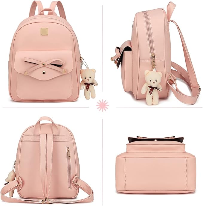 MACCINELO Cute Leather Mini Backpack Purse for Women Bowknot Small Backpack for Girls gift Rucksack Ladies Shoulder Bag 3pcs