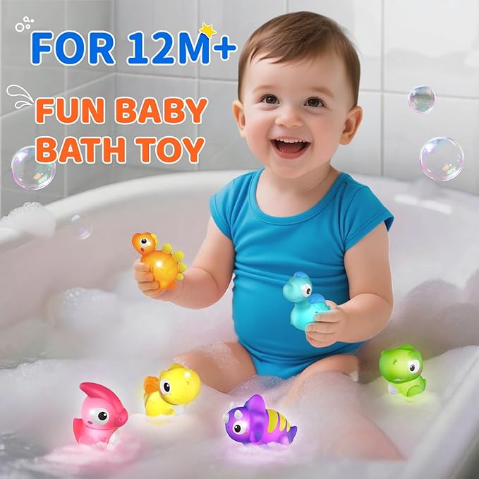 6 Packs Dinosaurs Light Up Bath Toys for Kids Ages 1-3, Water-Activated Toys Flash & Change Color, Bathtub Toys for Toddlers 2-4, Pool Floating Toys for 1 2 Year Old Boy Girl Gifts