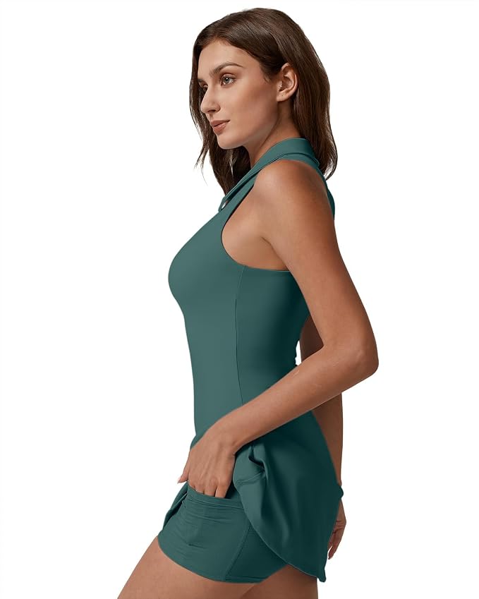 QINSEN Womens Zip Front Tennis Dress Polo Collar Racer Back Workout Golf Dresses Build in Shorts with Pockets