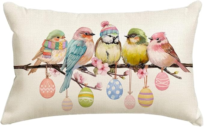 RABUSOFA Easter Pillow Covers 12x20 inch Easter Decorations for Home Pink Birds Colorful Eggs Lumbar Throw Pillows for Bedroom Sofa Holiday Festivals Decor