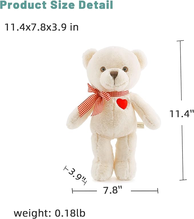 11.4” Small Teddy Bear with Heart Cute White Teddy Bear Stuffed Animals Soft Stuffed Bear Plush Bear Plushie Toys Gifts for Girlfriend Boyfriend Kid
