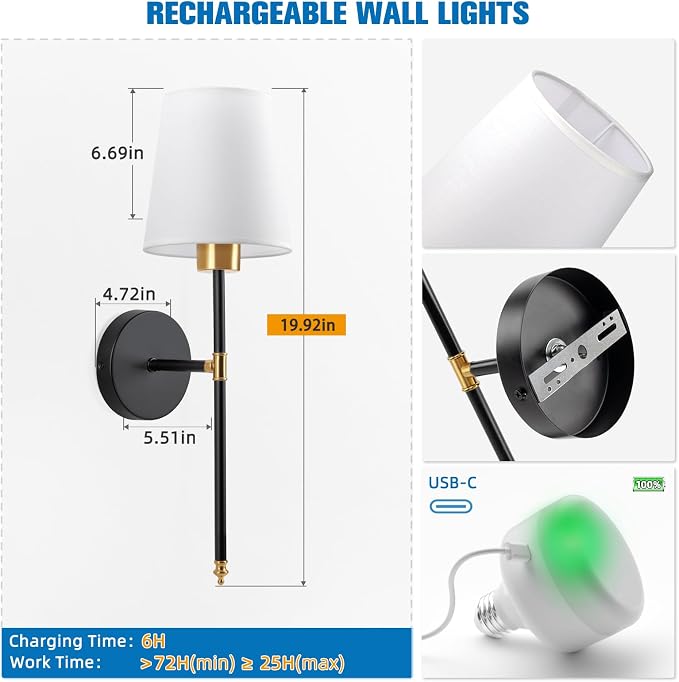 19.9 inch Battery Operated Wall Sconce Set of 2,Gold-Black Rechargeable Wall Lights with 10400mAh Dimmable Detachable Bulbs and Remote, Wireless Sconces for Bedroom Living Room Hallway