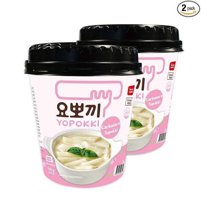 Yopokki Instant Tteokbokki Rice Cakes Korean, Topokki Cup - Great with Cheese and Ramen Toppings, Korean Snacks for College Dorm, Korean Street Food Quick & Easy to Prepare, Pack of 2 (2 Cups, Carbonara)