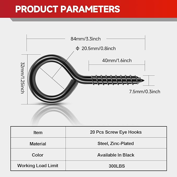 3.3 inch Eye Bolts - 20 Pcs Eyes Hooks Screw Heavy Duty 300 lbs Breaking Strength Black Rust-Resistant, Screw for Hanging Plant, Fixed Cablees, Indoor & Outdoor Use