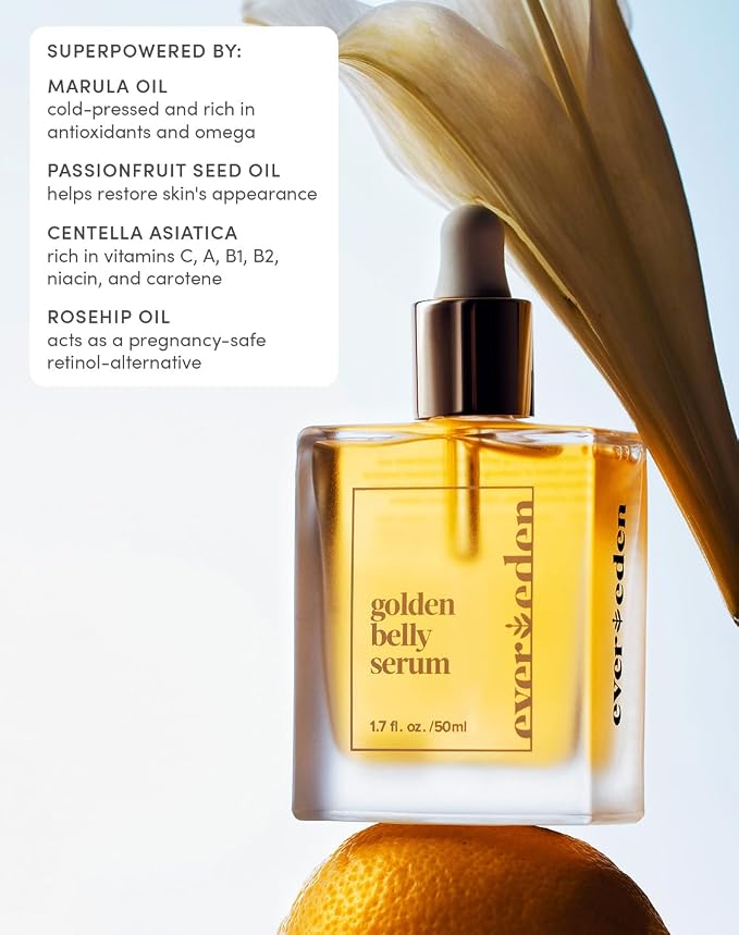 Evereden Golden Belly Serum, 1.7 fl oz. | Clean & Vegan Women's Belly Oil for Pregnancy and Postpartum | Clean Maternity Skincare | Non-Toxic Stretch Mark Oil