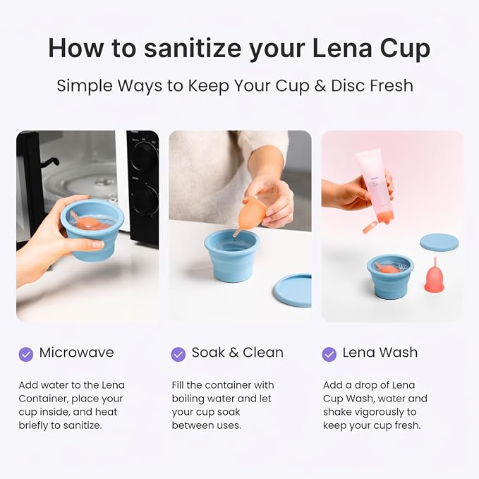 Lena Menstrual Cup Cleaner Case & Period Disc Sanitizer, Home and Travel Size Feminine Wash, Period Essentials for Women, Microwavable, Compact & Collapsible Silicone Container, Light Blue