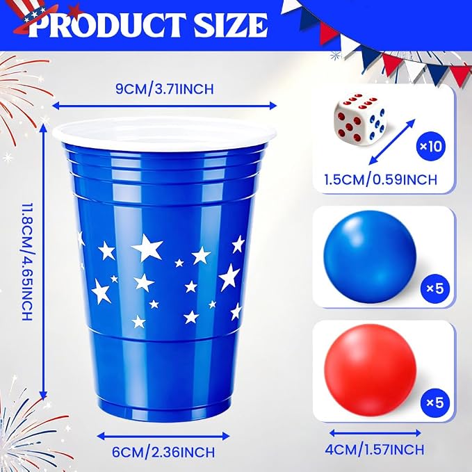 60 Pieces 4th of July Cup Pong Game Set 16 oz Red & Blue Patriotic Plastic Cups with 10 Red & Blue Balls for Independence Day Party Games, Backyard BBQ, Patriotic Decorations & Supplies
