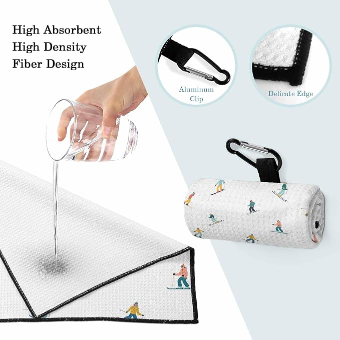 Skiing Golf Towel with Clip, Winter Snow Ski Sports Cartoon Boys Girls Skier Large Microfiber Women Men Sports Work Out Disc Golf Bag Towel for Yoga, Gym, Fitness, Swimming Towels Accessory