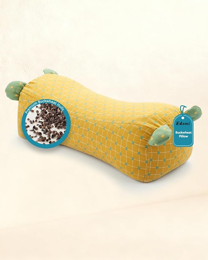 Buckwheat Neck Roll Pillow, Adjustable Hulls Filling Neck Support Bolster for Neck Pain Relief,16.5"x6.3" Cylinder Firm Travel Pillow for Sleeping Lumbar Support, Yellow