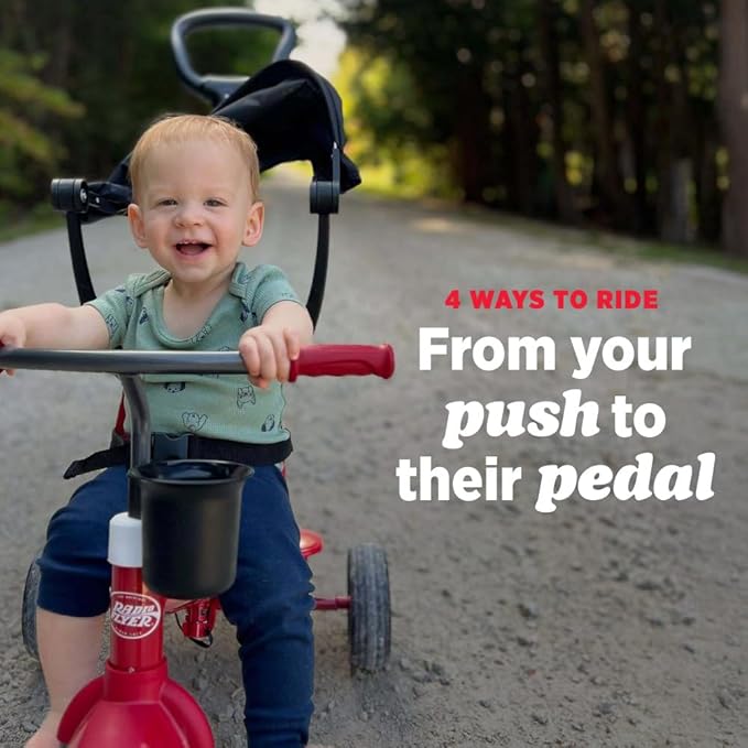 Radio Flyer 4-in-1 Pedal & Push Stroll ’N Trike, Ages 1-5, Toddler Tricycle & Stroller, High-Density Foam Tires, Parent Push Handle, UV Canopy, Removable Tray, Headrest & Seatbelt, Stroller Tricycle
