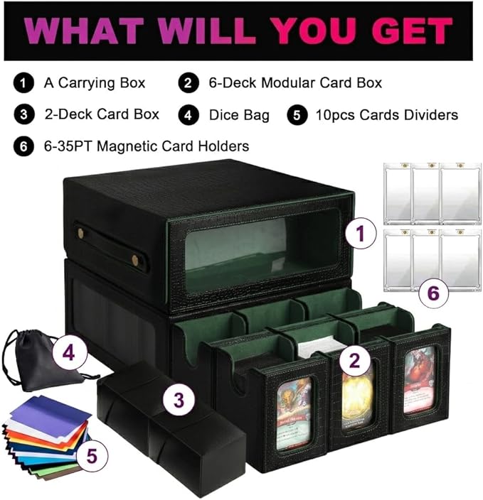 9IN1 MTG Deck Box with Carrying Handle, 8 Removable Deck Boxes & 1000+ Card Storage for TCG & Sports Cards, 10 Dividers, for Magic, YuGiOh, Gundam Card Game (BLACK/GREEN)