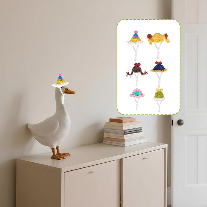6PCS Mini Knitted Goose Hat with Adjustable Strap,Magnetic Desk Goose Outfits 7 inches,Mini Hat for Statue Keychain Holder,Small Headware for Decoration