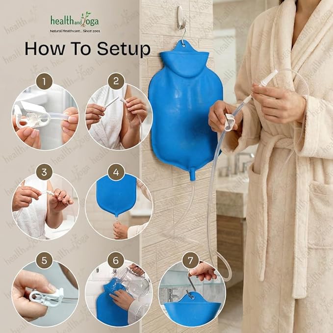 HealthAndYoga™ NaturoFlo Superior Enema Bag Kit with Silicone Tubing Hose and Fittings - 2 Quart Fountain Open top Kit for Fleet Enema and Anal Douche - Blue